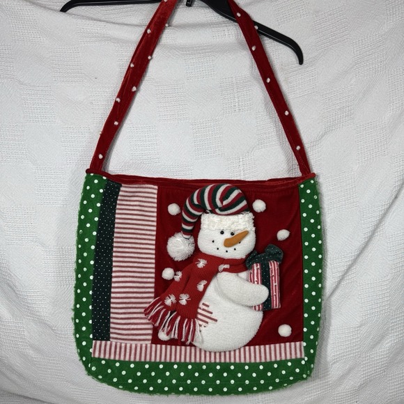 Christmas Red Fleece Hand Bag Purse Tote with Snowman Polka Dot Handle Strap - Picture 1 of 5
